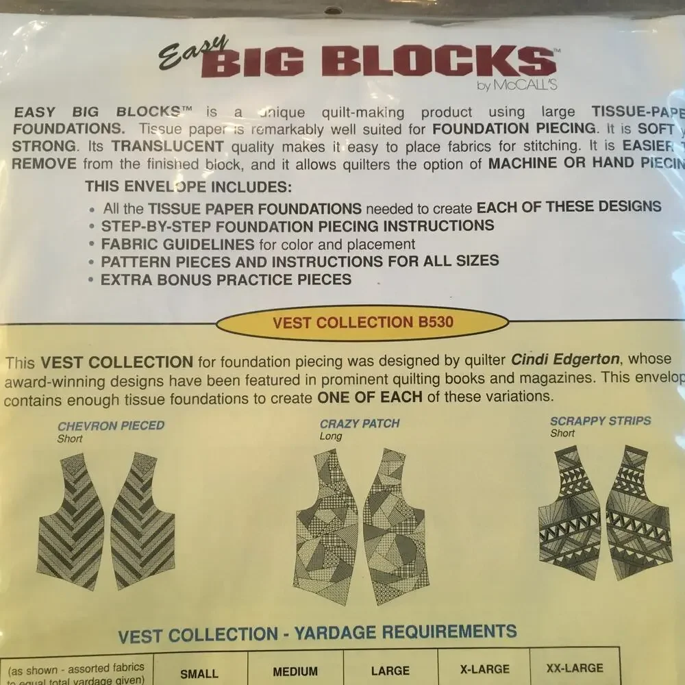 McCalls Easy Big Blocks Sewing Pattern B530 Vest Paper Foundation S-XXL Uncut